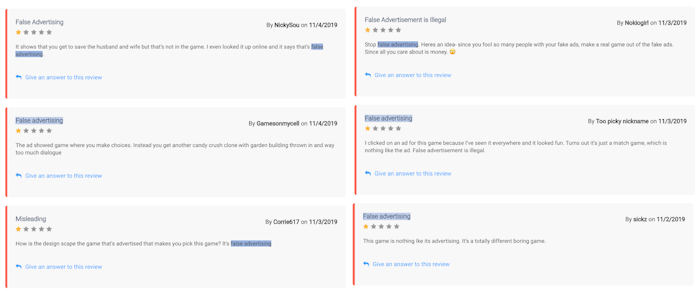AppTweak ASO Tool - Reviews and Ratings Keyword Sentiment Analysis: Example of Gardescapes’ reviews that contain the keyword “false advertising”